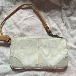 COACH Signature White / Cream Optic Wristlet with Leather Trim & Charm